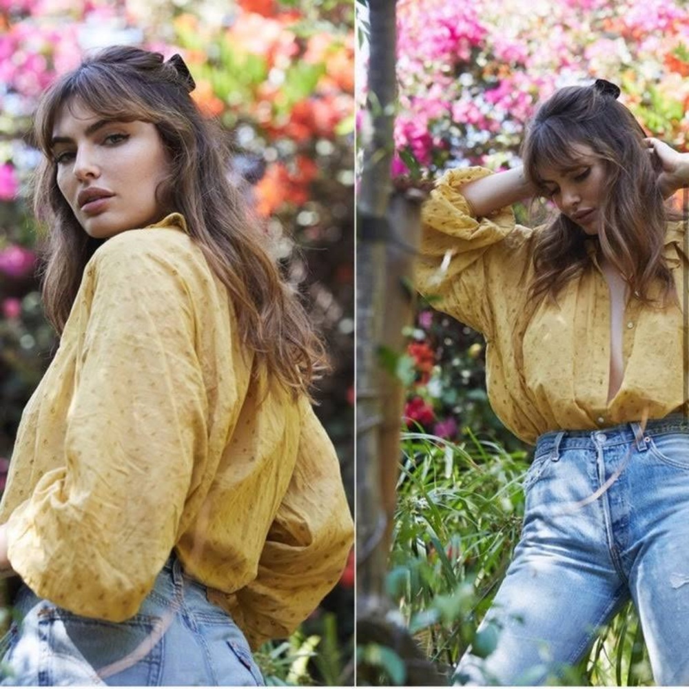 Dôen rosebay embroidered ruffled blouse top wheat mustard yellow feminine